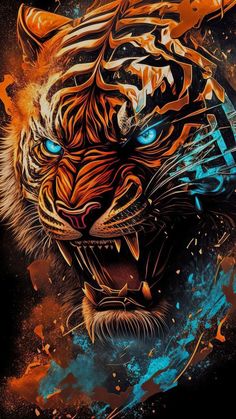 a tiger's face with blue eyes and orange paint splatters on it