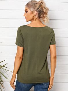 Solid Criss-cross V-neck Short Sleeve Casual T-shirt Casual V-neck Plain Top, Casual Solid Color V-neck T-shirt, Solid V-neck Plain T-shirt, Casual Plain V-neck Top, Solid Plain V-neck T-shirt, Casual V-neck Solid Color T-shirt, Plain V-neck Top, Plain V-neck T-shirt For Summer, Women T Shirts