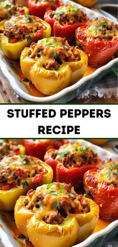 stuffed peppers in a baking dish with the title above it