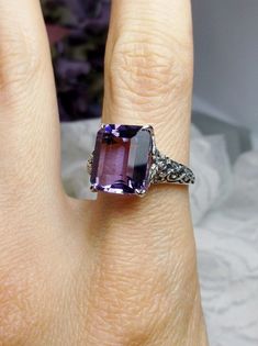 Natural Amethyst Ring/ Solid Sterling Silver/ 5.4ct Natural | Etsy Netherlands Lavender Emerald Cut Jewelry For Formal Occasions, Victorian Filigree, Stock Design, Rectangle Design, Floral Filigree, Antique Filigree, Filigree Ring, Antique Design, Engraved Items