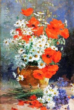 an oil painting of red and white flowers in a vase