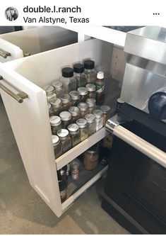 an open cabinet filled with jars and spices