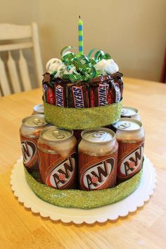 a cake made to look like it has beer cans on top