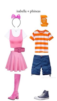 two different outfits are shown with shoes and an orange striped t - shirt, blue jean shorts