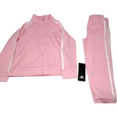 Adidas Classic Tricot 2 piece Set Girls Various Size Light Pink  Size Chart:(https://www.adidas.com/us/help/size_charts/kids-shoes) Top: 100% Polyester, Bottom: 100% Polyester Set Includes: Long sleeve full zip jacket & Coordinating elastic waist pant Top features long sleeve full zip jacket with a mock neck, forward seams, raglan sleeve construction, on-seam pockets, applied 3-Stripes down sleeves, adidas brandmark embroidery on left chest & Large adidas Badge of Sport outline embroidery on bac Cotton Sportswear Outerwear For Spring, Spring Cotton Sportswear Outerwear, Sporty Pink Streetwear Sets, Casual Pink Fall Sets, Casual Adidas Sets For Spring, Pink Adidas Cotton Set, Adidas Pink Cotton Sets, Pink Cotton Adidas Sets, Casual Pink Outerwear For Playwear