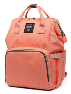 an orange backpack with zippers on the front and side, sitting against a white background