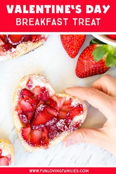 valentine's day breakfast treat with strawberries and powdered sugar in the shape of a heart