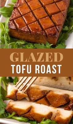 glazed tofu roast on a plate with chopsticks and garnishes