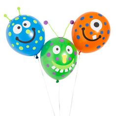 three colorful balloons with faces on them