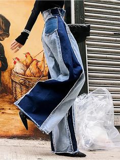 Upcycle Pants, Japanese Streetwear Women, Overalls Fit, Jean Patchwork, Split Jeans, Patchwork Trousers, Wide Leg Denim Jeans, Patchwork Pants, Streetwear Denim