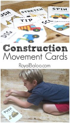 a boy laying on the floor with construction movement cards in front of him and text overlay