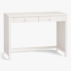 a white desk with two drawers on the top and one drawer at the bottom, against a white background