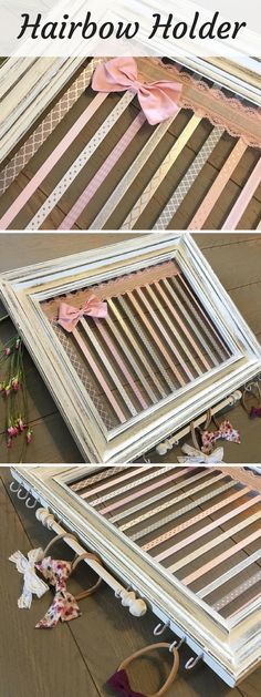 an old window turned into a shadow box with ribbons and bows on the bottom half