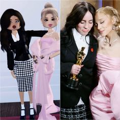 two women in dresses and one is holding an award for best animated feature or short film