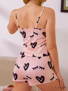 Lasaky - Womens Plus Size Casual Loungewear Set: Heart & Eyelash Print Camisole with Round Neck and Bow Front Shorts - Cozy Two Piece Pajama Set Casual Heart Print Sleepwear For Loungewear, Cute Heart Print Sleepwear, Pink Heart Print Sleepwear For Summer, Cute Spring Sleepwear With Heart Print, Pink Short-length Spring Sleepwear, Two Piece Pajama Set, Loungewear Set, Lounge Sets, Plus Size Casual