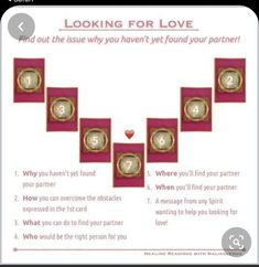 a card with the words looking for love on it and four squares in front of them