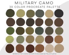 Military Camouflage - Army Camo - Procreate Color Palette  Enjoy these hand picked colors and create like a pro with this carefully curated color palette.  Each color was hand-picked with love and care to create a beautifully cohesive artwork every time. **INCLUDED** - 1 Digital .swatches file for Procreate  - 1 JPG file with all the swatches **HOW TO USE** 1. The files are available for download immediately after purchase 2. Please download the files using Safari or web browser , not Etsy app 3 Camo Colors Palette, Army Colour Palette, Colors That Go With Army Green, The Last Of Us Color Palette, Camouflage Color Palette, Army Color Outfits, Military Color Palette, Army Color Palette, Army Green Color Palette