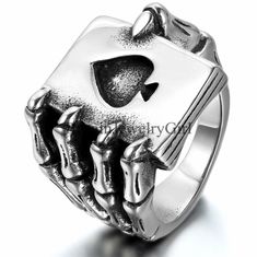 Punk Gothic Skull Claw Heart Poker Biker Men Stainless Steel Ring Band Size 7-13 Card Ring, Skull Engagement Ring, Gothic Engagement Ring, Black Gold Ring, Mens Stainless Steel Rings, Ring Man, Black Gold Jewelry, Romantic Heart, Ring Heart