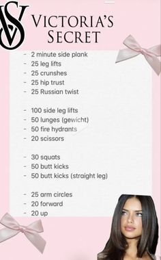 the victoria's secret workout plan is shown with pink ribbon and bows on it