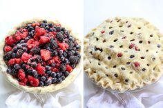 two pies with berries and blueberries in them