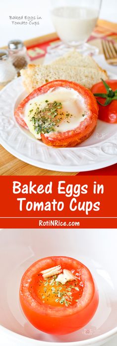 baked eggs in tomato cups on a white plate with bread and tomatoes next to it