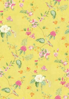 a yellow background with flowers and leaves on it