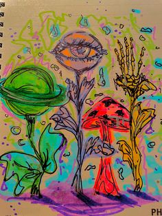 a drawing of flowers and plants with an eye in the background