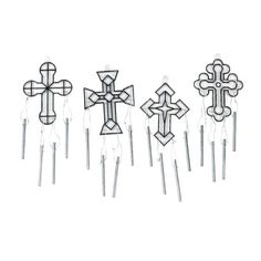 four crosses are shown with pins attached to them