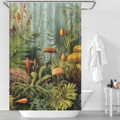 a shower curtain with an image of tropical plants and mushrooms in the forest on it