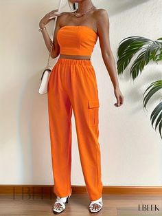 Ebeek - Chic Solid Two-Piece Set: Sleeveless Tube Crop Top and Pocket Elastic Waist Pants Ensemble - Womens Fashion Attire Casual Sleeveless Sets With Elastic Waistband, Sleeveless Orange Sets For Summer, Orange Sleeveless Summer Sets, Sleeveless Orange Summer Sets, Sleeveless Cotton Jumpsuit With Elastic Waistband, Sleeveless Cotton Jumpsuits And Rompers With Elastic Waistband, Casual Orange Sleeveless Sets, Orange Sleeveless Set For Spring, Casual Sleeveless Sets With Pockets