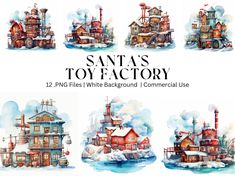 santa's toy factory watercolor clipart - 12 png files, white background / commercial use