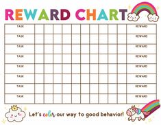 reward chart with unicorns and rainbows on the side, for kids to use