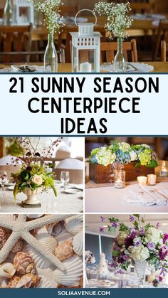 some tables and chairs with flowers in vases on them are featured for the centerpiece ideas