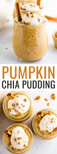 pumpkin chia pudding in jars with cinnamon sticks