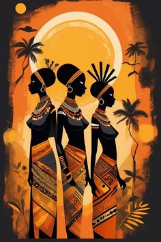 an image of three women in african dress on a sunset background with palm trees and the sun behind them