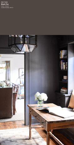 a living room filled with furniture and a lamp hanging from the ceiling next to a book shelf