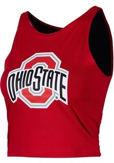 Give your tailgating look a cute update with this Ohio State Buckeyes Womens Tank Top! Look good and stay cool in this Red Cropped First Down Sleeveless Shirt. This The Ohio State University Tank Top features a center front graphic team logo. Strapless, Built in bra, Finished seams, Perfect for a hot summer day, Flirty way to show your team pride, 90% Polyester - 10% Spandex, 4 Red Fitted Tops For Cheerleading, Fitted Red Tops For Cheerleading, Red Summer Game Day Tops, Collegiate Red Sleeveless Top, Red Collegiate Sleeveless Top, Collegiate Red Summer Tops, Red Cheerleading Tops For Sports Season, Red Tops For Cheerleading During Sports Season, Womens Tank Top