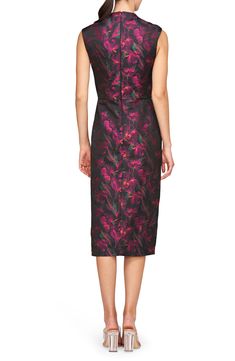 Be the belle of the ball in this sophisticated midi cocktail dress showcasing a lovely portrait neck and beautiful folds from the waist to the asymmetric hem. 42 1/2" length (size 8) Hidden back-zip closure Queen Anne neck Cap sleeves Lined 100% polyester Dry clean Imported Elegant Floral Print Midi Dress For Party, Elegant Floral Midi Dress For Parties, Evening Floral Print Midi Dress, Elegant Floral Print Midi Dress With Fitted Bodice, Elegant Midi Dress With Floral Print And Fitted Bodice, Silk Midi Dress With Pleated Bodice, Fitted Silk Midi Dress With Pleated Bodice, Fitted Silk Knee-length Dress, Elegant Floral Print Tea-length Midi Dress