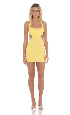 Cutout Bodycon Dress in Yellow | LUCY IN THE SKY Cutout Bodycon Dress, Upf Clothing, Lucy In The Sky, Casual Day Dresses, Halter Strap, Sorority Outfits, Straight Dress, Date Night Dresses, Midi Maxi Dress