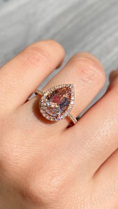 14K Rose Gold Pear Shaped Morganite and Diamond Ring Morganite Engagement Ring Pear, Morganite Rings, Dream Rings, Pear Halo, Ring Inspo, Future Engagement Rings, Pear Shaped Engagement Rings, Alternative Jewelry, Morganite Diamond