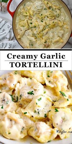 creamy garlic tortellini with cream sauce in a red pan and on a white plate