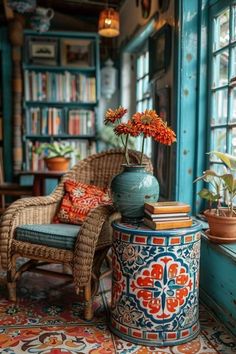 a chair and vase with flowers in it sitting on a tiled floor next to a window