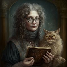 a painting of a woman holding a book with a cat on her lap next to her