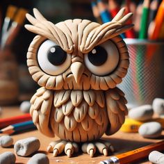 an owl figurine sitting on top of a wooden table next to pencils and markers