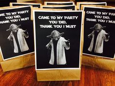 three star wars party thank you bags with yoda on them