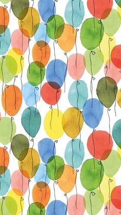 an image of colorful balloons painted on white paper with blue, green, red and yellow colors