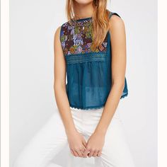 Can Wear Both Ways, Such A Pretty Top! Blue Bohemian Cotton Tops, Blue Cotton Bohemian Tops, Bohemian Blue Cotton Tops, Casual Blue Embroidered Tops, Blue Sleeveless Bohemian Blouse, Blue Bohemian Sleeveless Blouse, Blue Boho Print Peasant Top, Free People Sequin Top, Bohemian Halter Top With Built-in Bra For Summer