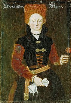 an old painting of a woman in black and red dress with a flower in her hand