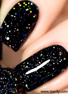 Neutrino is a jet black nail polish with bright silver holographic glitter #GelNailColors Gel Nail Polish Colors, Black Nail Art, Black Nail Polish, Silver Holographic, Gel Nail Colors, Glitter Nail Polish, Black Nail, Popular Nails, Holographic Nails