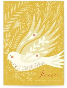 a card with a bird on it and the words peace written in red, white and yellow